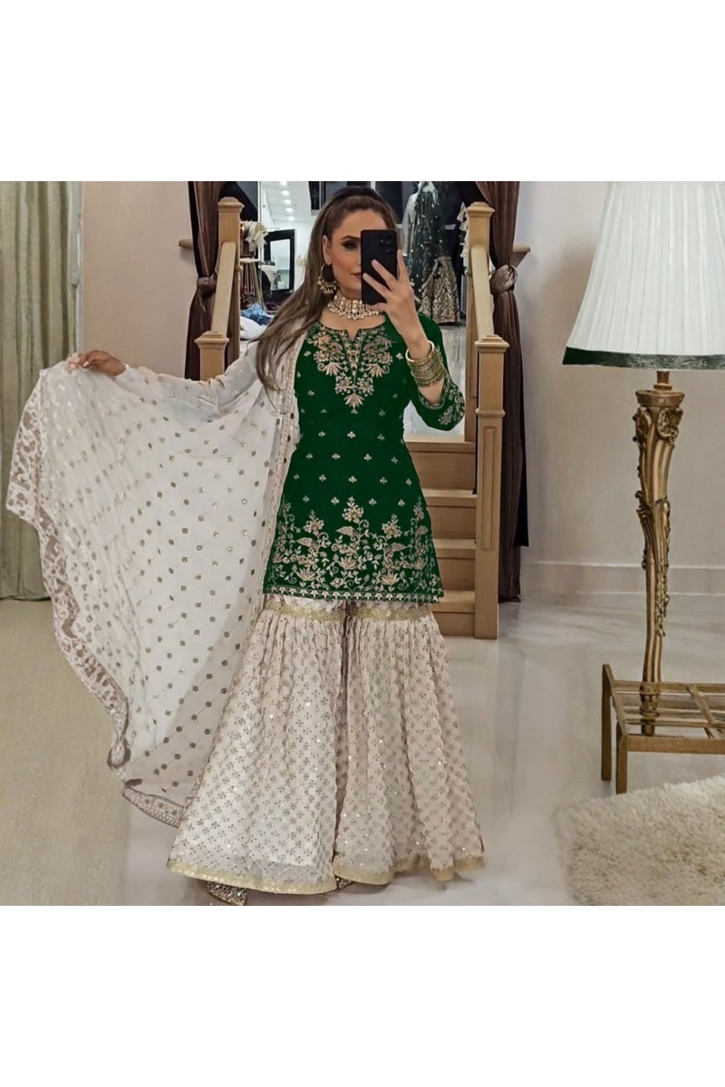 Faux Georgette Top Palazzo & Dupatta Set - HRT4609 - Image 2